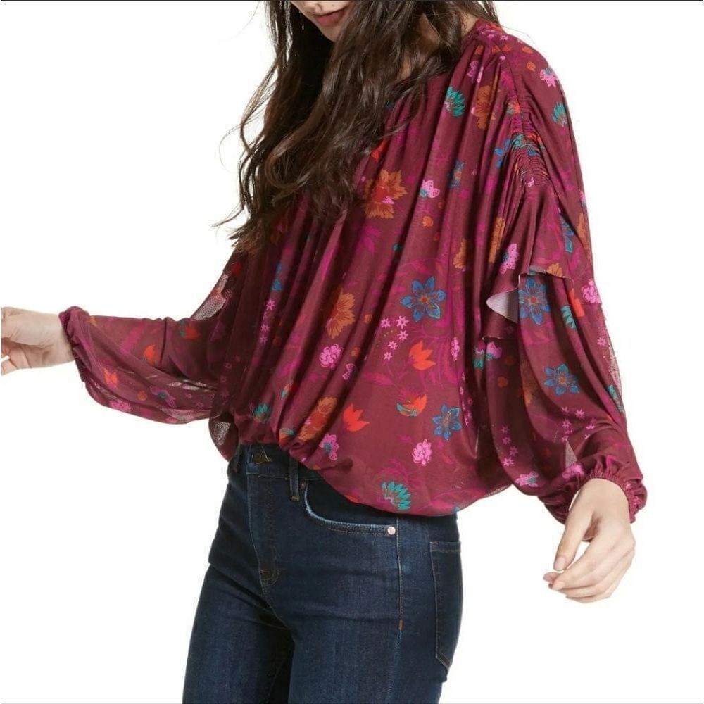 Free People Womens M Wild Flower Honey Mesh Top Berry Oversized Boho Romantic - Picture 2 of 11